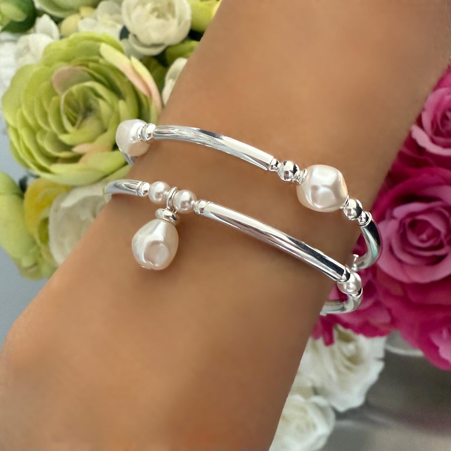white pearl bangle, sterling silver, stretchy bracelet, bead bracelet, pearl bracelet, handmade, minimalist, gift for women, SOPHIA SBB06
