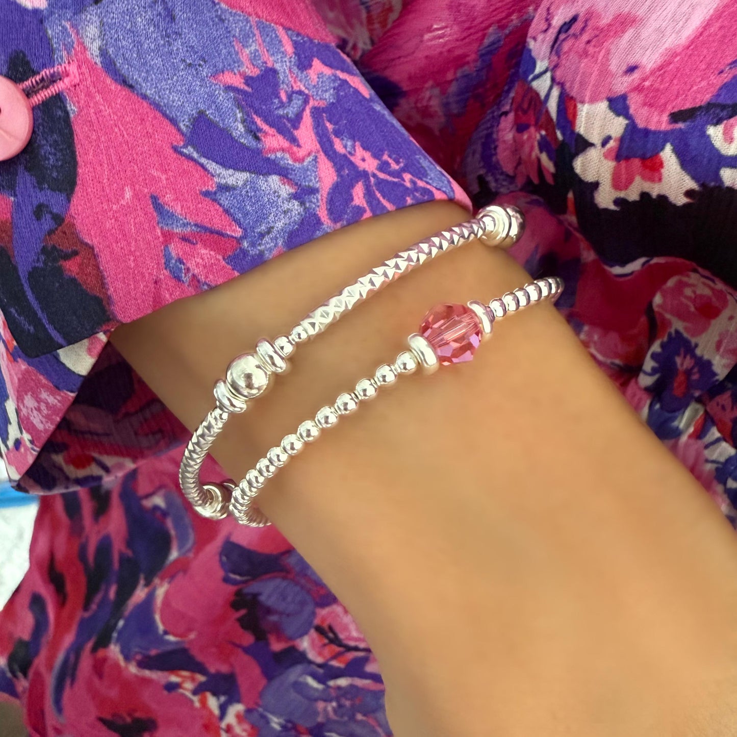 bangle beaded bracelet, sterling silver, stretchy, silver bracelet, handmade, minimalist, gift for women, stackable bracelet, SBB07