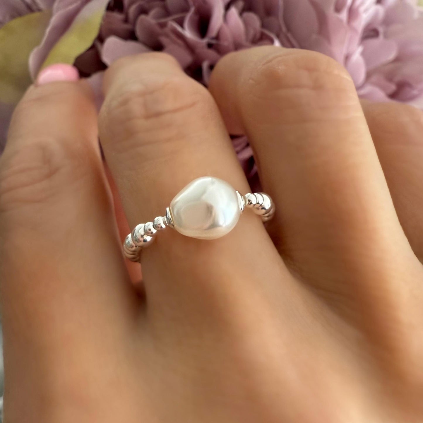 white pearl ring, sterling silver, handmade, beaded ring, stretchy ring, minimalist jewellery, gifts for women, baroque pearl, SOPHIA SRM20