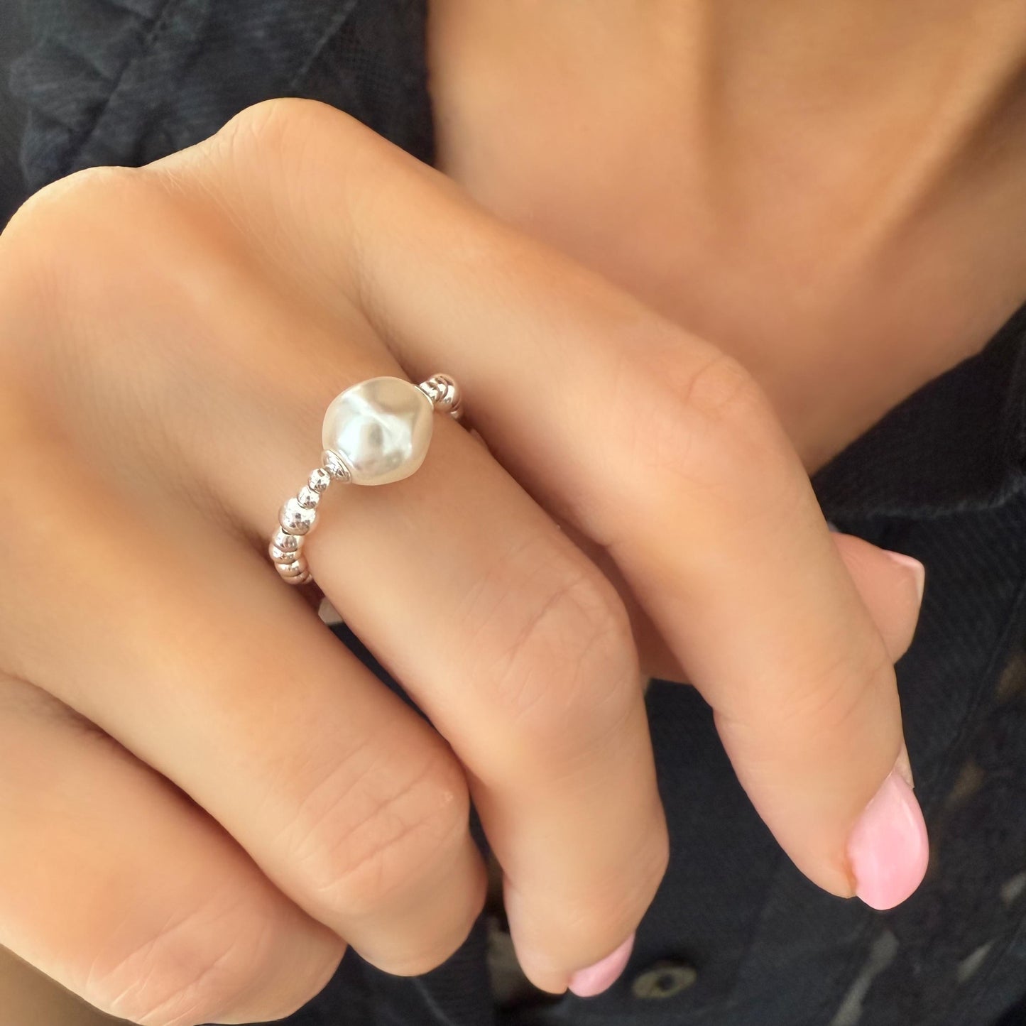 white pearl ring, sterling silver, handmade, beaded ring, stretchy ring, minimalist jewellery, gifts for women, baroque pearl, SOPHIA SRM20