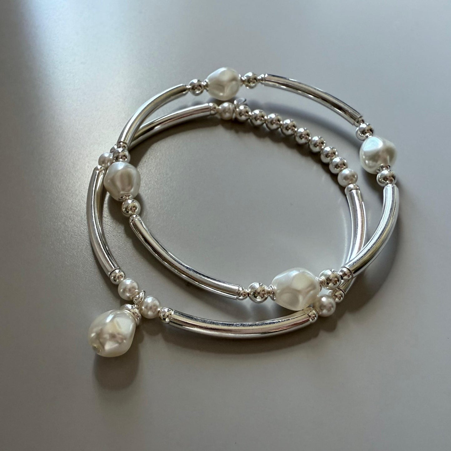 white pearl bangle, sterling silver, stretchy bracelet, bead bracelet, pearl bracelet, handmade, minimalist, gift for women, SOPHIA SBB06