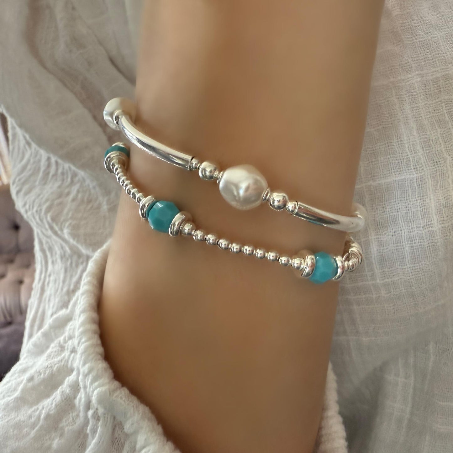 turquoise beaded bracelet, sterling silver, handmade, stacking bracelet, gift for her, stretchy, summer jewellery, bead bracelet, SBM04T