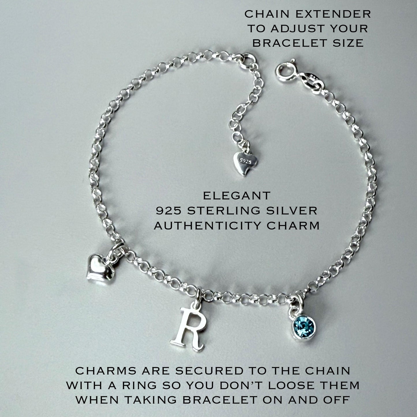 Personalized Sterling Silver Initial & Birthstone Bracelet - Heart Charm