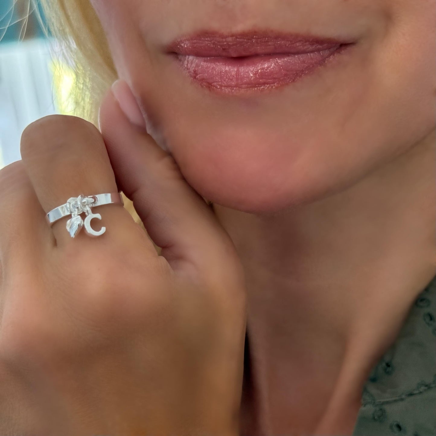 Sterling Silver Initial Ring with Heart Charm: Personalized Dangle Ring