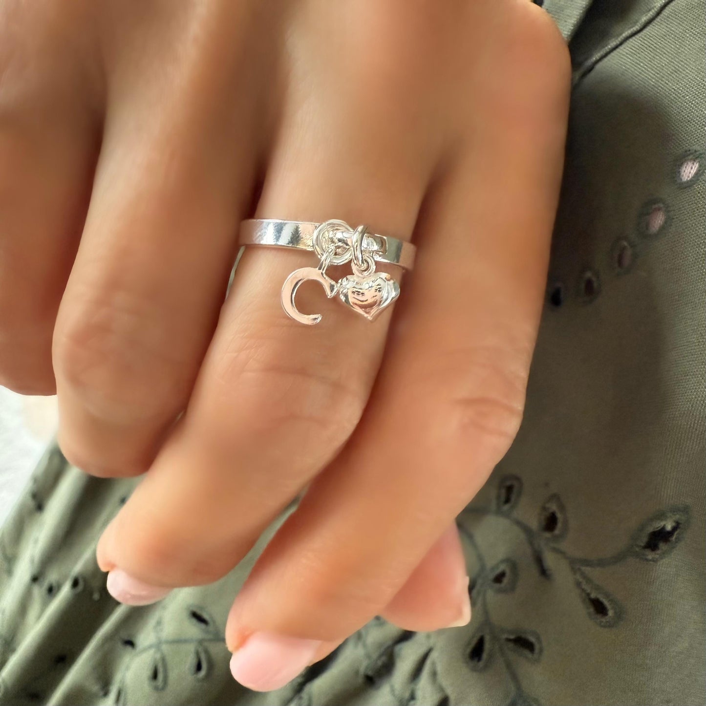 Sterling Silver Initial Ring with Heart Charm: Personalized Dangle Ring