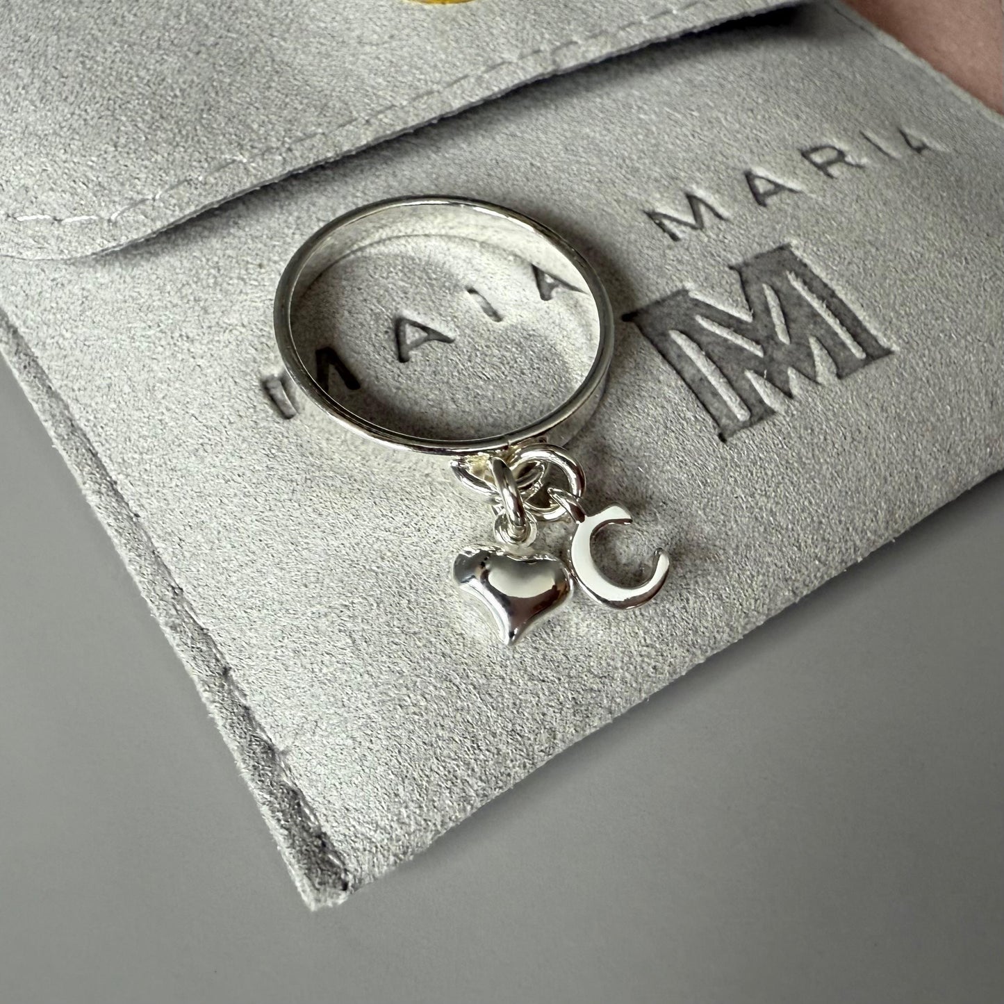Sterling Silver Initial Ring with Heart Charm: Personalized Dangle Ring