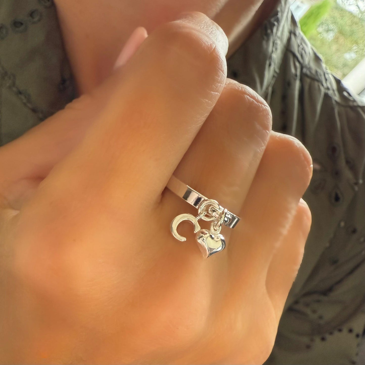 Sterling Silver Initial Ring with Heart Charm: Personalized Dangle Ring