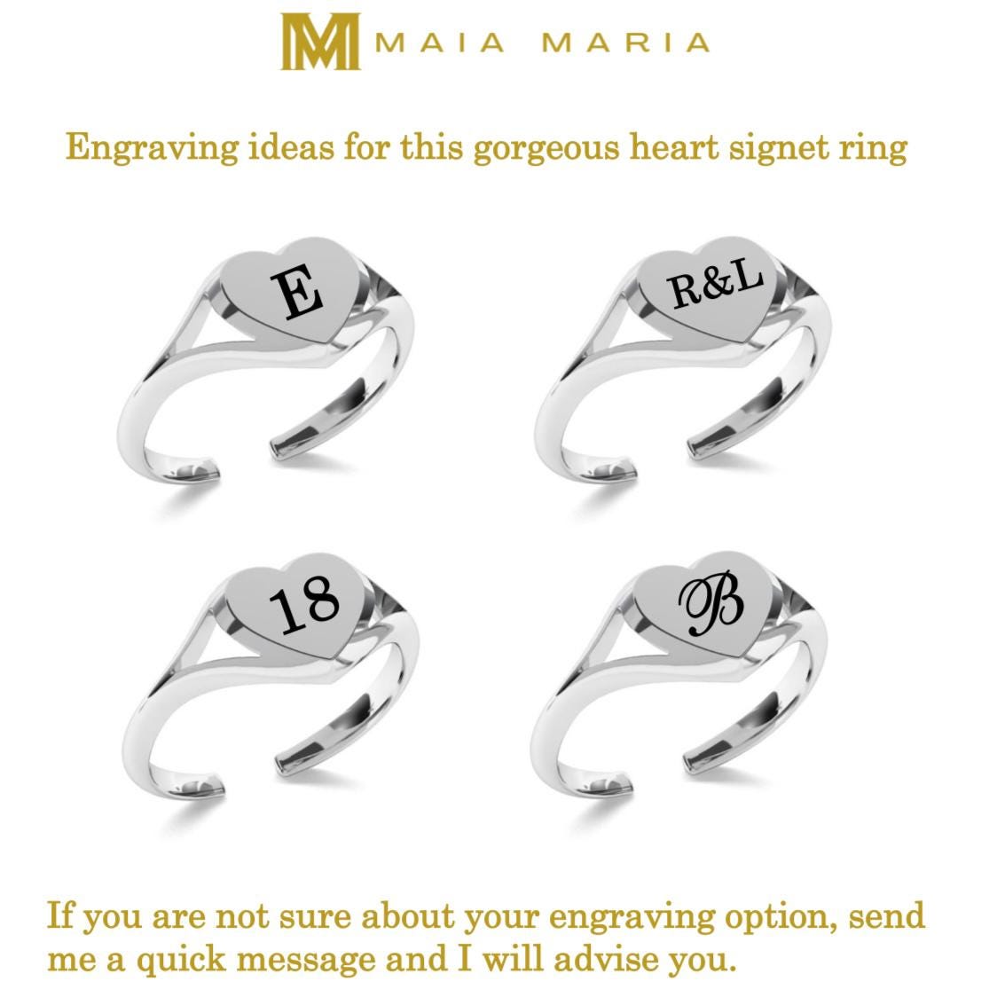 Engraved Sterling Silver Heart Signet Ring: Adjustable Personalized Initial