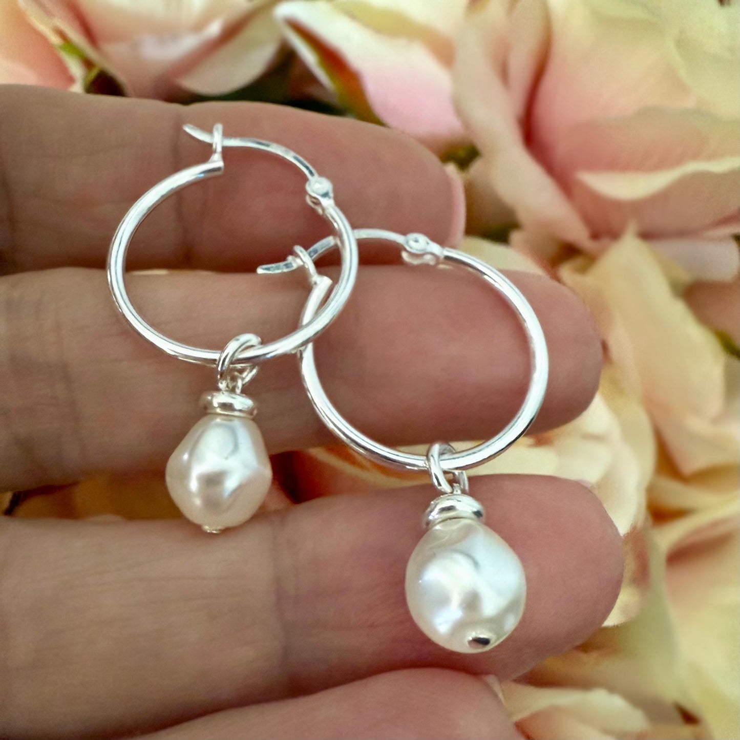 Sterling Silver Pearl Hoop Earrings: Dangle Bridal Jewelry