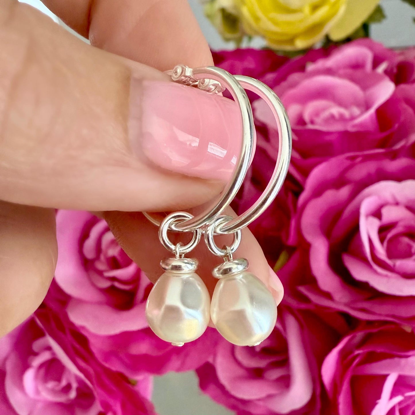 Sterling Silver Pearl Hoop Earrings: Dangle Bridal Jewelry