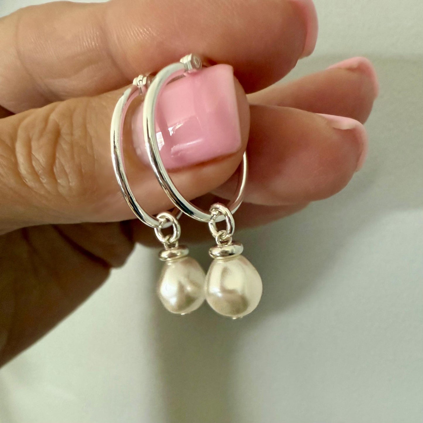Sterling Silver Pearl Hoop Earrings: Dangle Bridal Jewelry