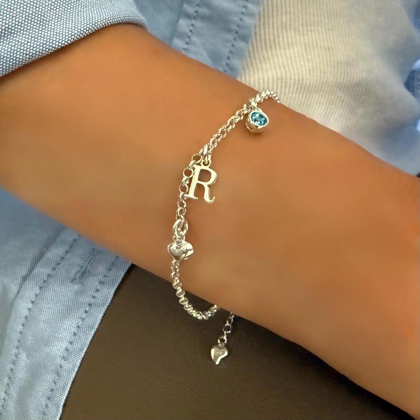 Personalized Sterling Silver Initial & Birthstone Bracelet - Heart Charm