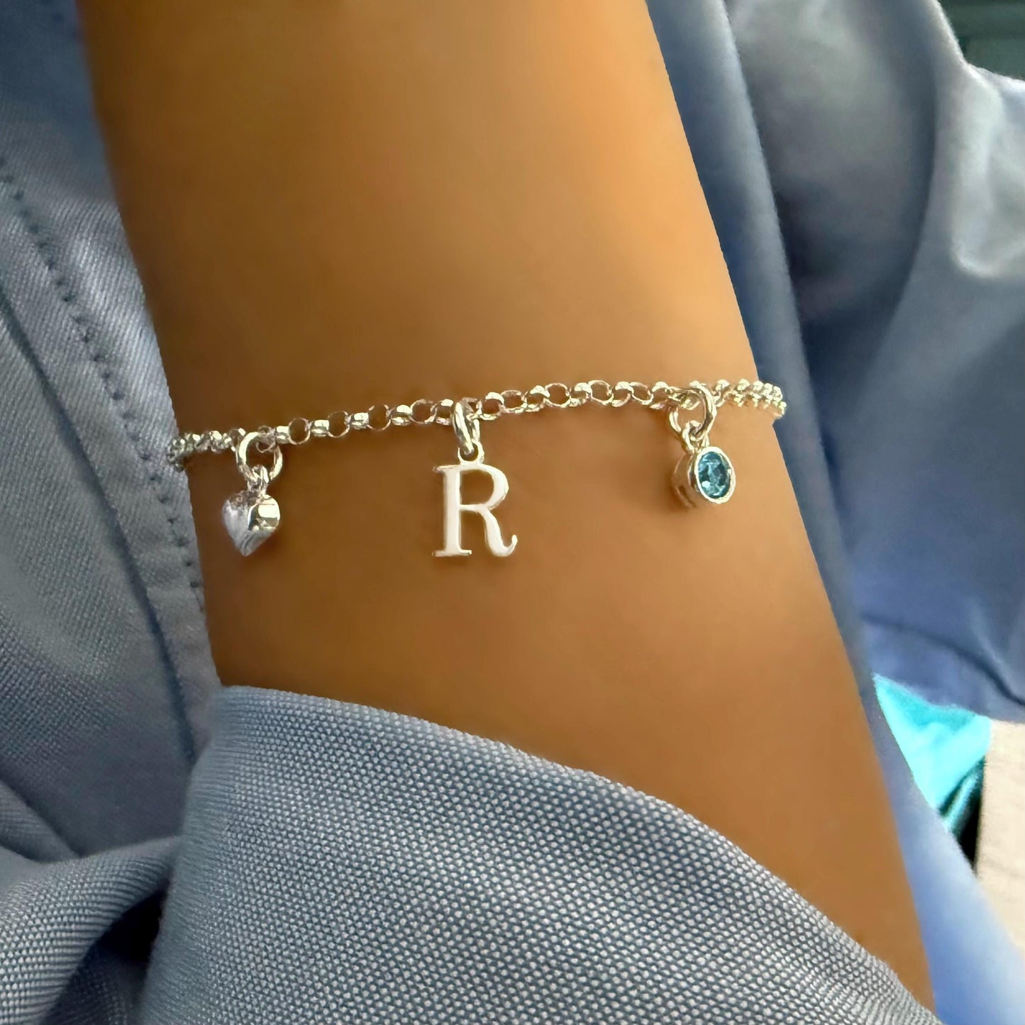 Personalized Sterling Silver Initial & Birthstone Bracelet - Heart Charm
