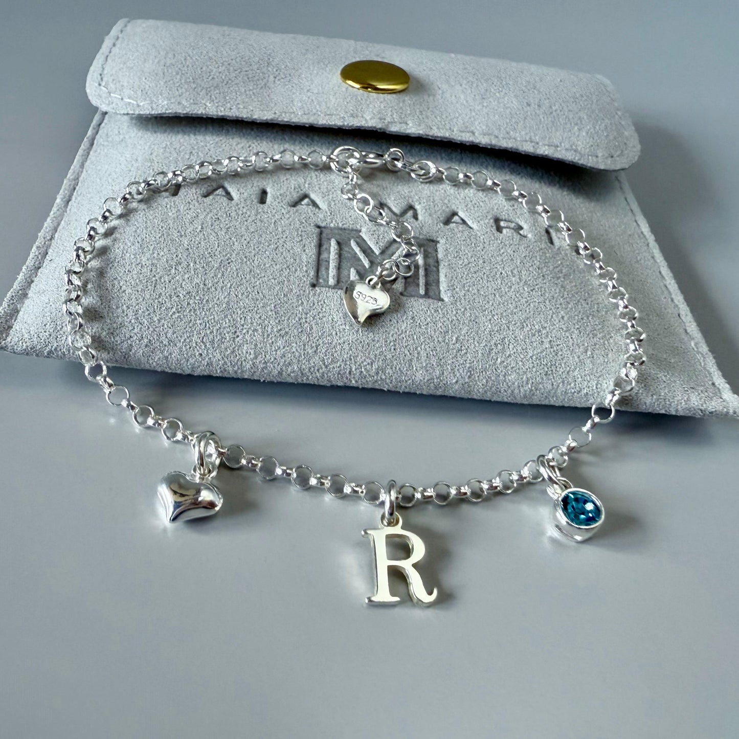 Personalized Sterling Silver Initial & Birthstone Bracelet - Heart Charm