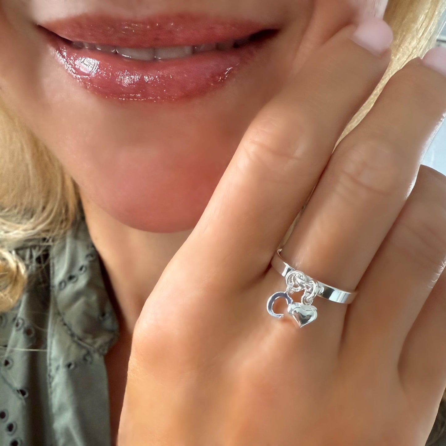 Sterling Silver Initial Ring with Heart Charm: Personalized Dangle Ring