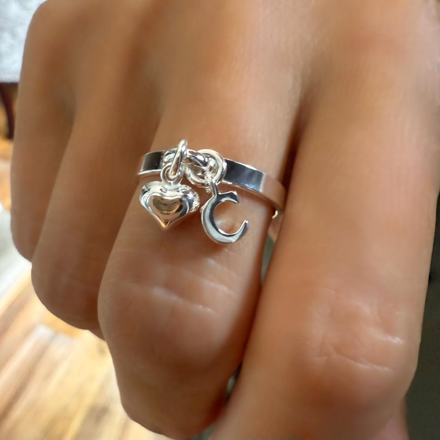 Sterling Silver Initial Ring with Heart Charm: Personalized Dangle Ring
