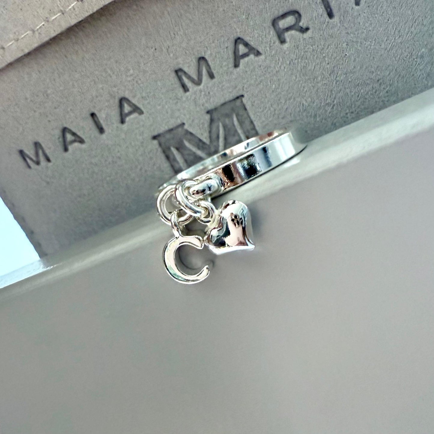 Sterling Silver Initial Ring with Heart Charm: Personalized Dangle Ring