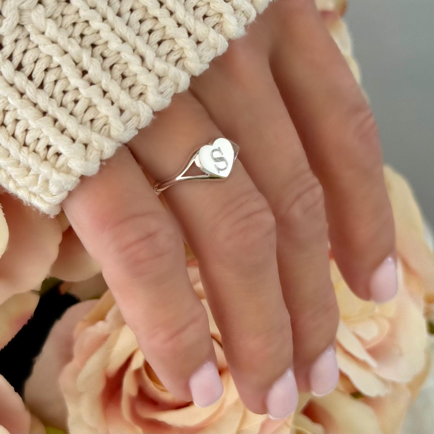 Engraved Sterling Silver Heart Signet Ring: Adjustable Personalized Initial