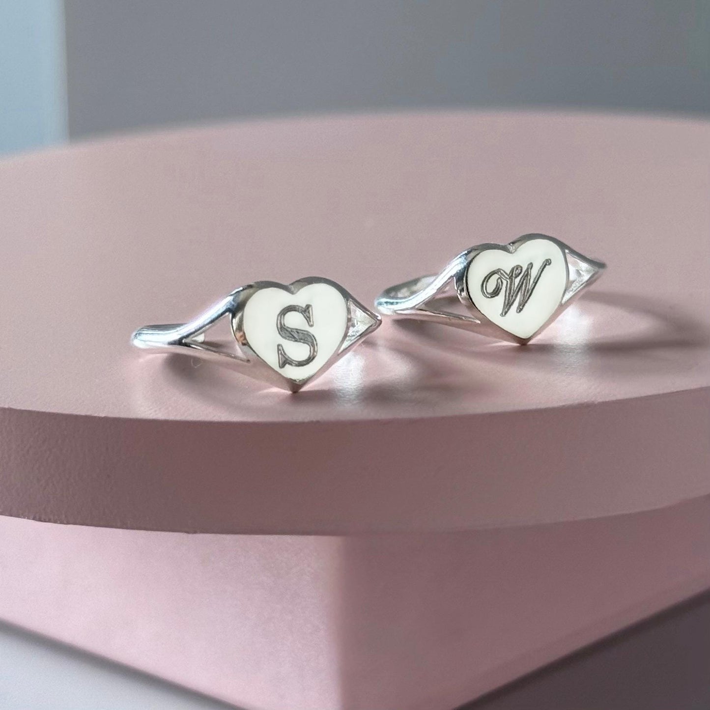 Engraved Sterling Silver Heart Signet Ring: Adjustable Personalized Initial
