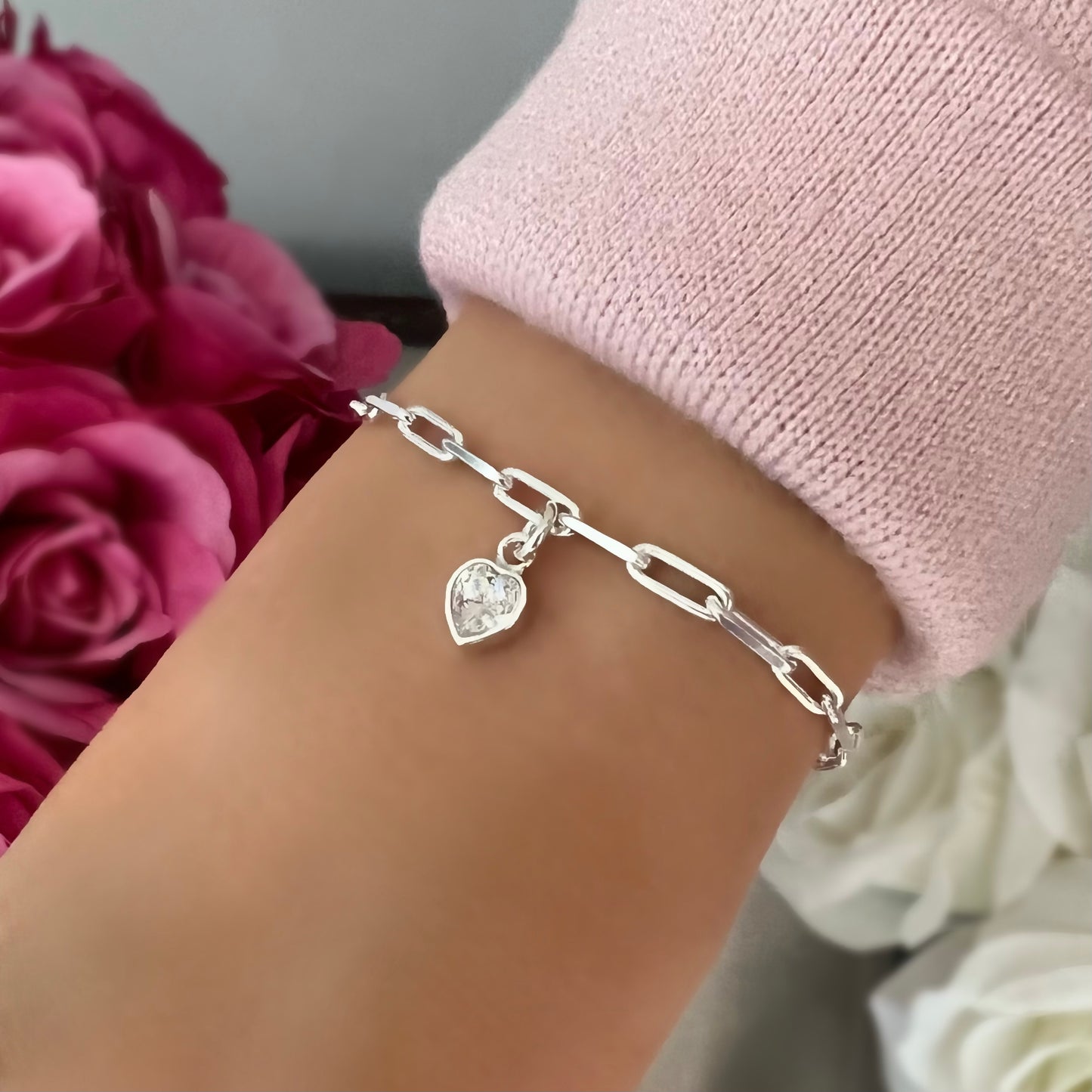 crystal heart charm square link bracelet, LOTTI CRYSTAL SBM01