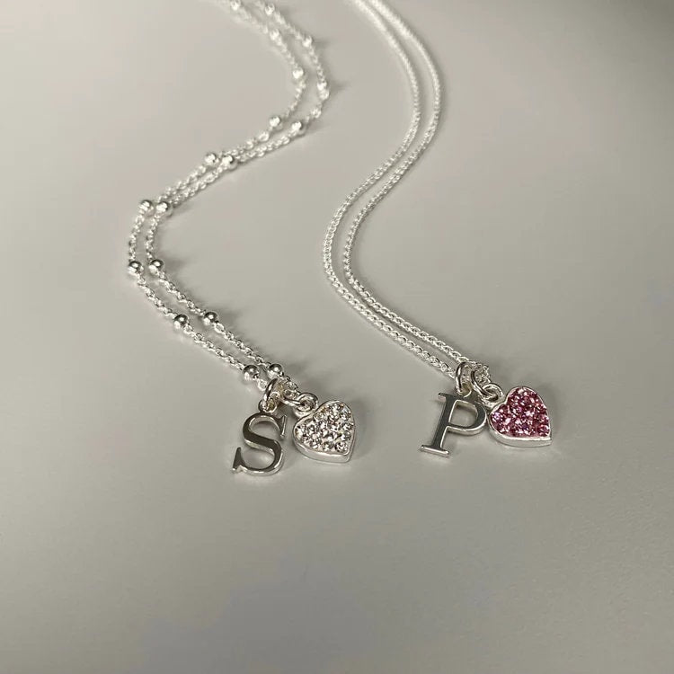 initial necklace with crystal heart charm, letter necklace, monogram necklace, personalised jewellery, gifts, INITIAL Crystal Heart-SN35