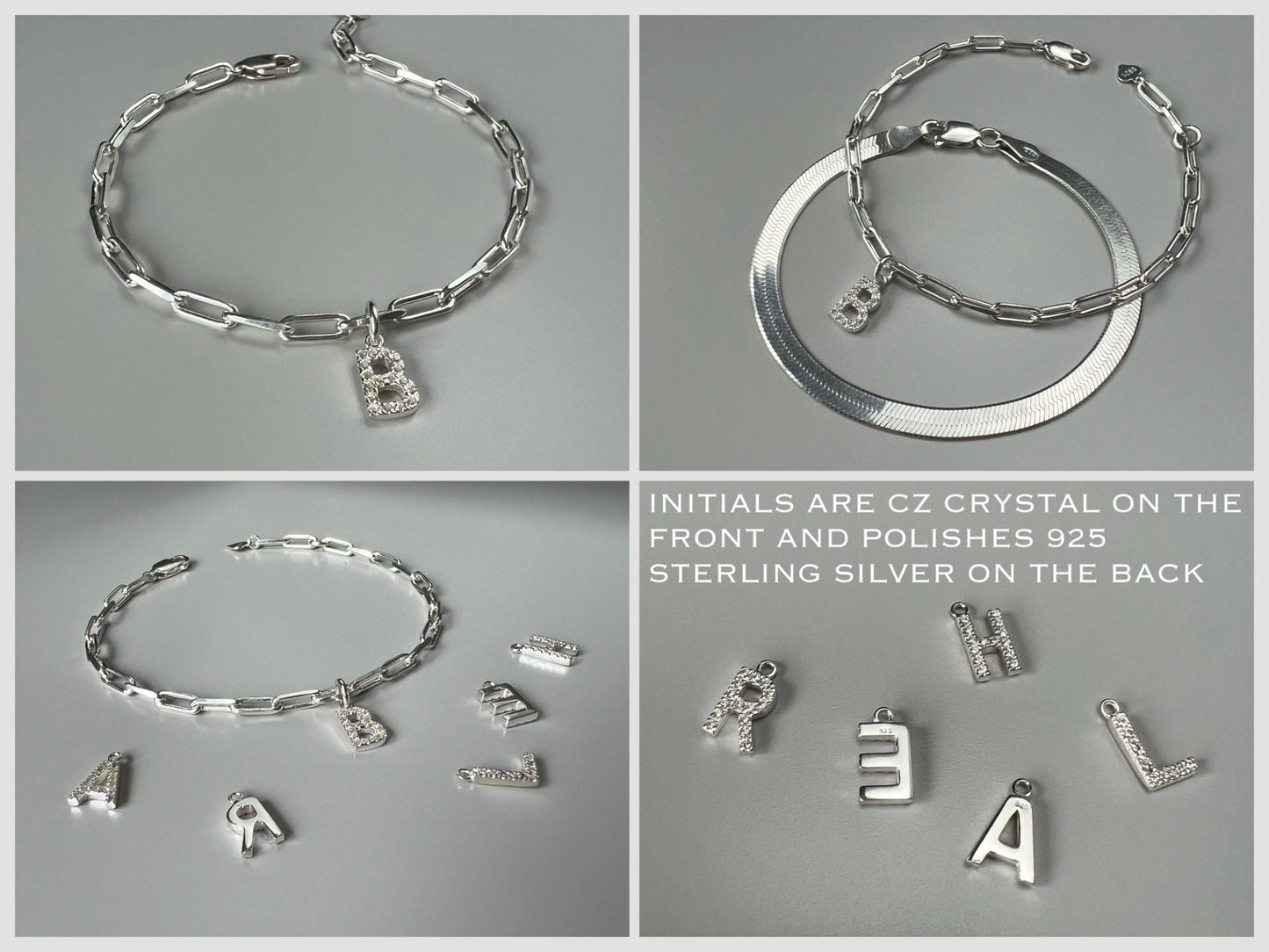 custom initial bracelet, sterling silver, personalised jewellery, letter charm bracelet, paperclip chain, LOTTI Crystal -SB33