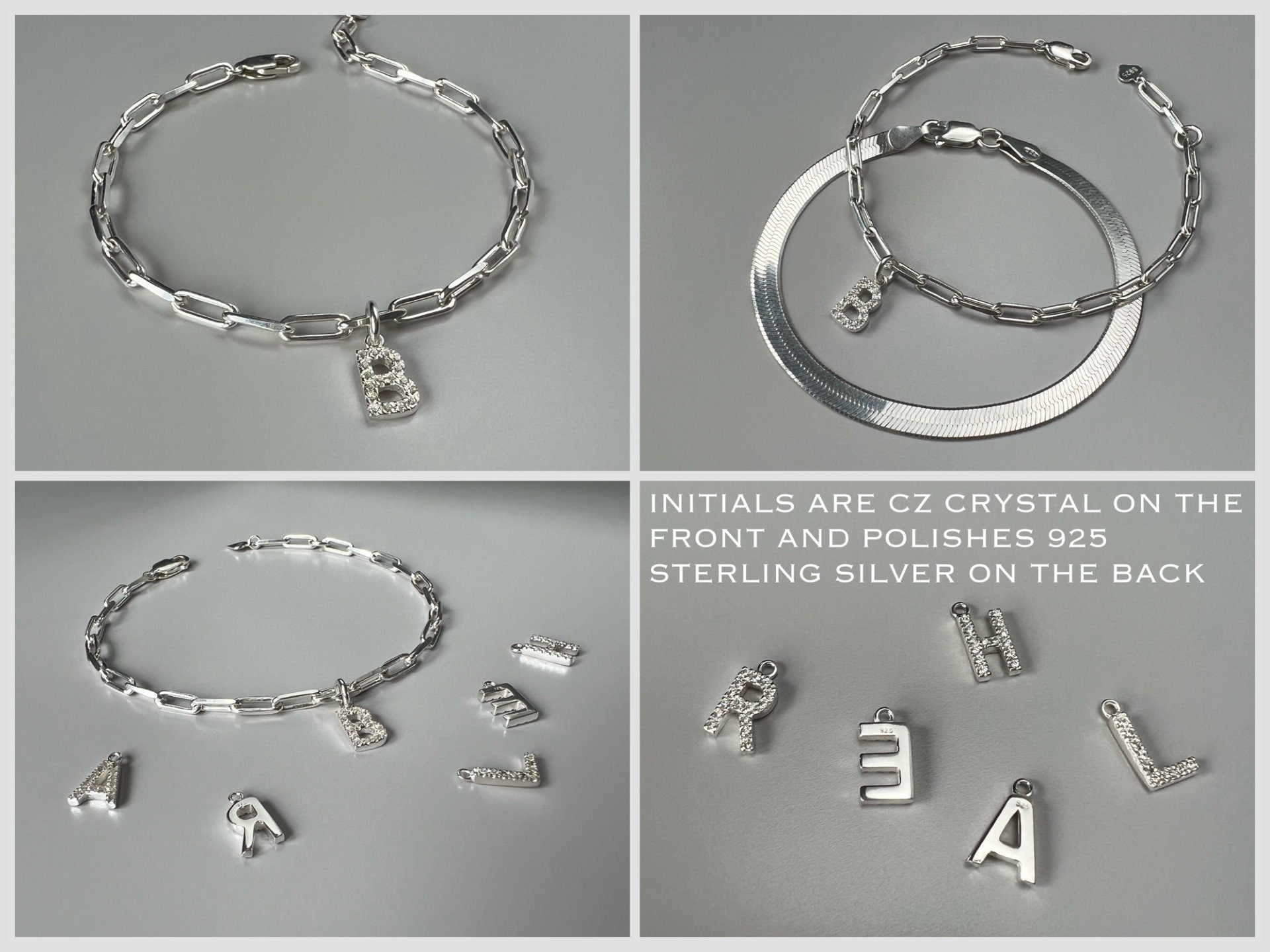 custom initial bracelet, sterling silver, personalised jewellery, letter charm bracelet, paperclip chain, LOTTI Crystal -SB33