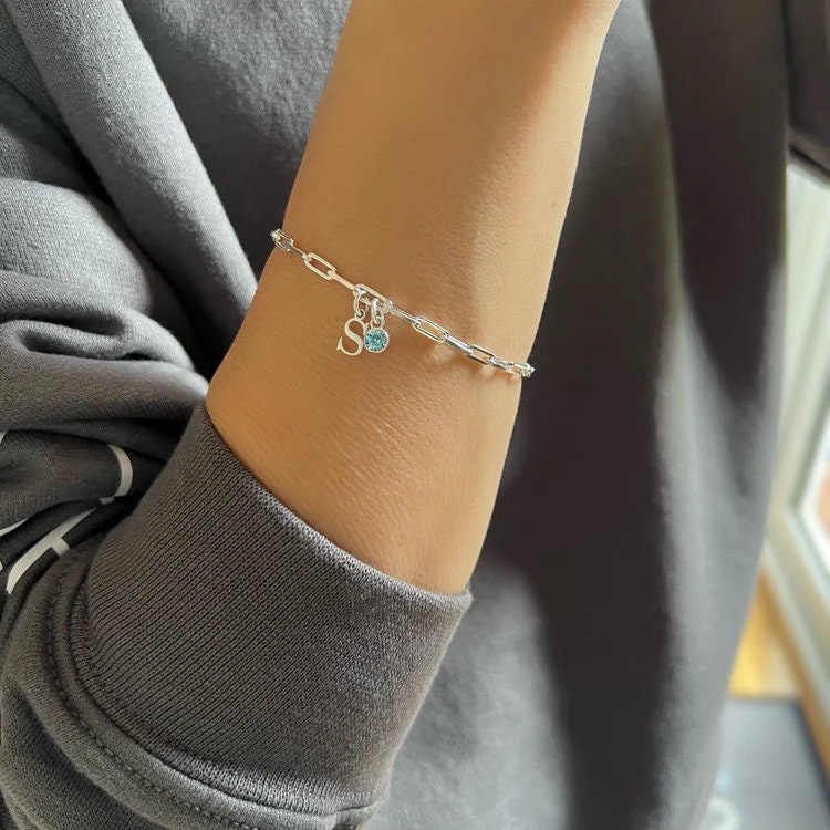 birthstone and initial sterling silver bracelet, personalised jewellery, monogram bracelet,18th birthday gift, LOTTI Initial&Birthstone-SB71