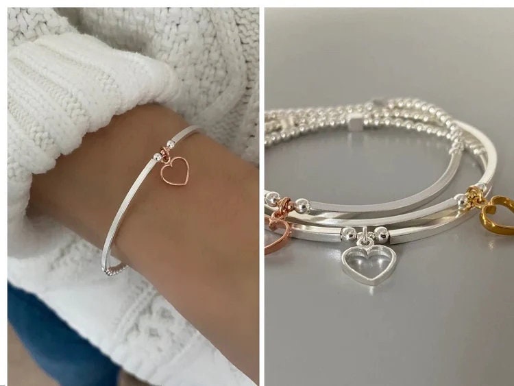 sterling silver bangle with heart charm, handmade beaded bracelet, minimalist gifts for women, SIENA open heart-SB12