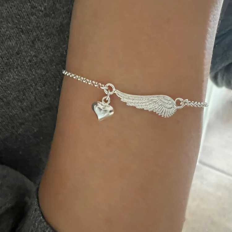 angel wing and heart sterling silver bracelet, dainty charm bracelet, minimalist jewellery, sympathy gift, ALLEYA heart-SB8