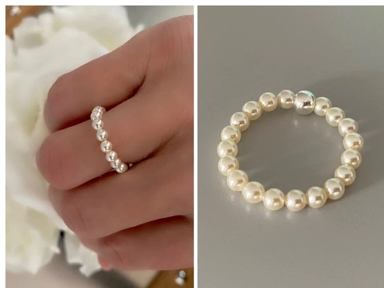 cream pearl ring band, handmade beaded stretch ring, minimalist jewellery, gifts for women, PEARL MIXER-SR18