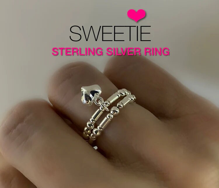 stacking heart charm ring, sterling silver stretch ring, handmade jewellery, minimalist jewellery, gifts for woman, Sweetie -SR29