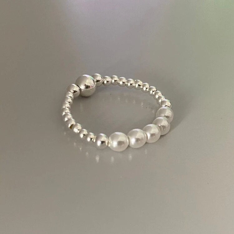 sterling silver pearl ring band, beaded stretch ring, handmade jewellery, minimalist jewellery, gifts for women, CLARA-SR27