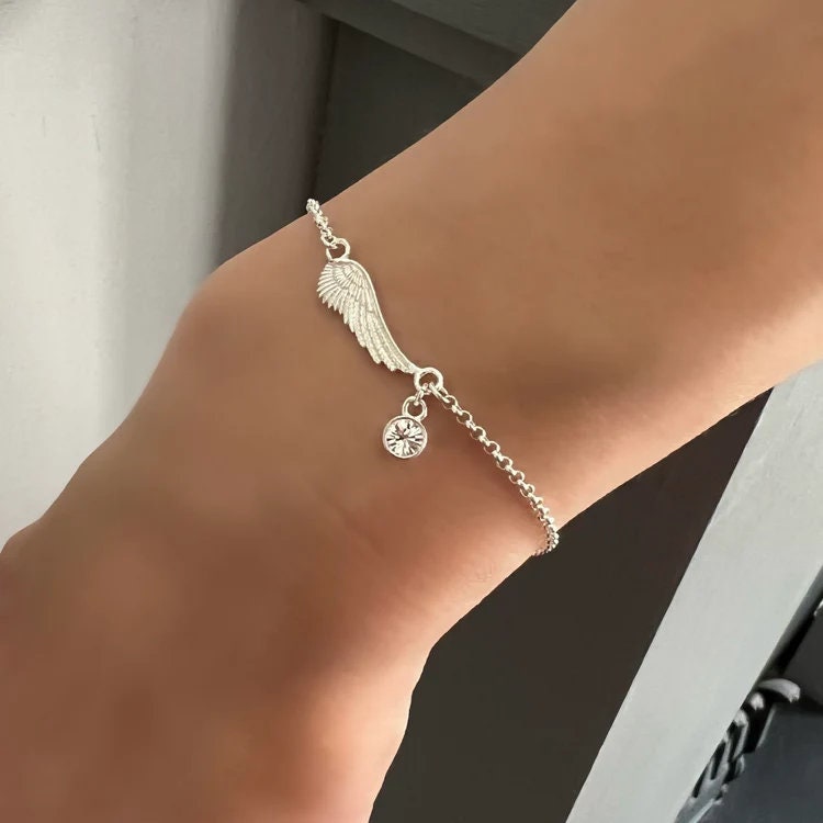 dainty birthstone angel wing sterling silver bracelet, crystal charm bracelet, handmade jewellery, angel jewellery, Alleya birthstone-SB9