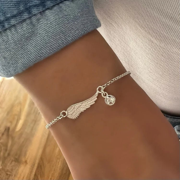 dainty birthstone angel wing sterling silver bracelet, crystal charm bracelet, handmade jewellery, angel jewellery, Alleya birthstone-SB9