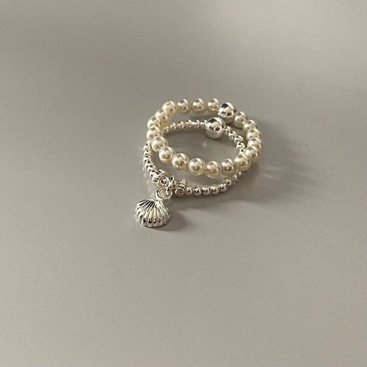 sterling silver shell ring set, stackable ring, pearl ring stack, handmade jewellery, seaside jewellery, LITTLE SHELL stack-LSP04