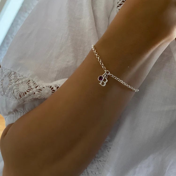 birthstone and initial sterling silver bracelet, personalised jewellery, monogram bracelet,18th birthday gift, HANNA Initial&Birthstone-SB71