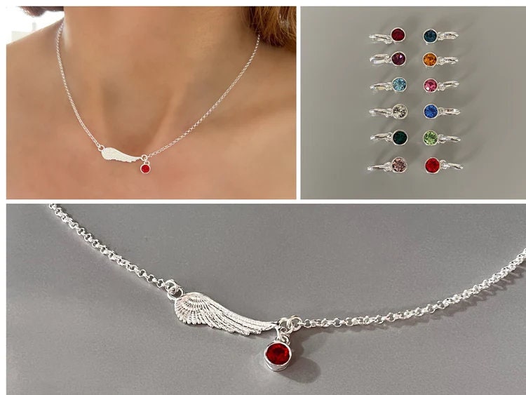 angel wing sterling silver necklace with birthstone, angel jewellery, pendant necklace, handmade jewellery, gifts, ALLEYA birthstone-SN7