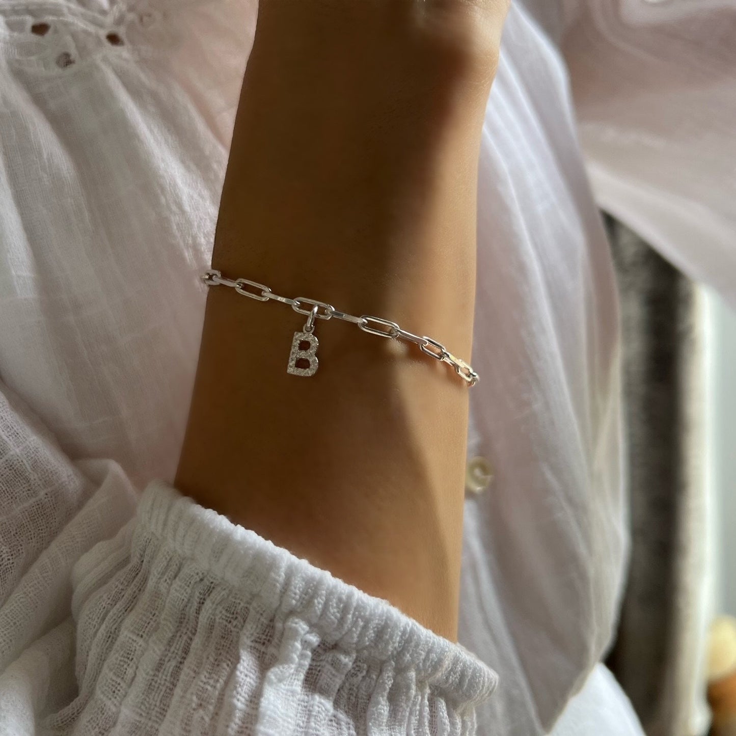 custom initial bracelet, sterling silver, personalised jewellery, letter charm bracelet, paperclip chain, LOTTI Crystal -SB33