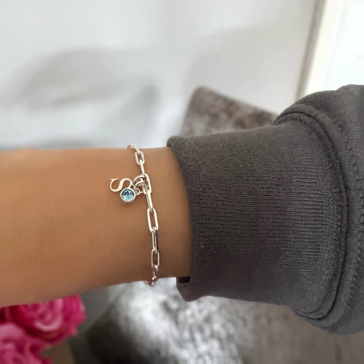 birthstone and initial sterling silver bracelet, personalised jewellery, monogram bracelet,18th birthday gift, LOTTI Initial&Birthstone-SB71