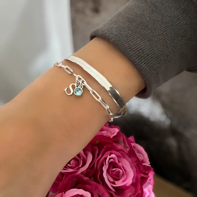 birthstone and initial sterling silver bracelet, personalised jewellery, monogram bracelet,18th birthday gift, LOTTI Initial&Birthstone-SB71