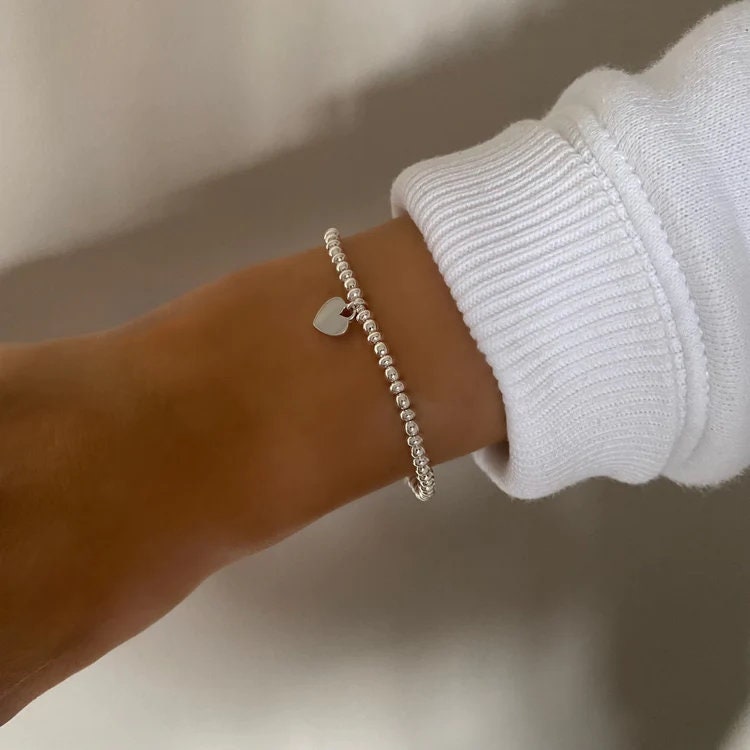 heart charm bracelet, sterling silver, handmade, minimalist, gifts for women, birthday gift, gift for mum, bead bracelet, ANYA SB19