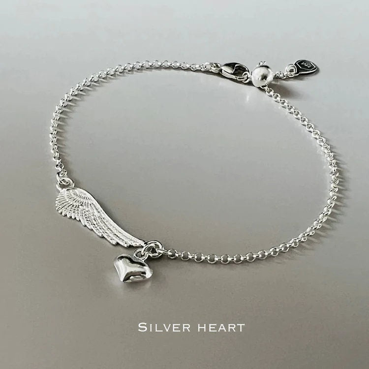 angel wing and heart sterling silver bracelet, dainty charm bracelet, minimalist jewellery, sympathy gift, ALLEYA heart-SB8