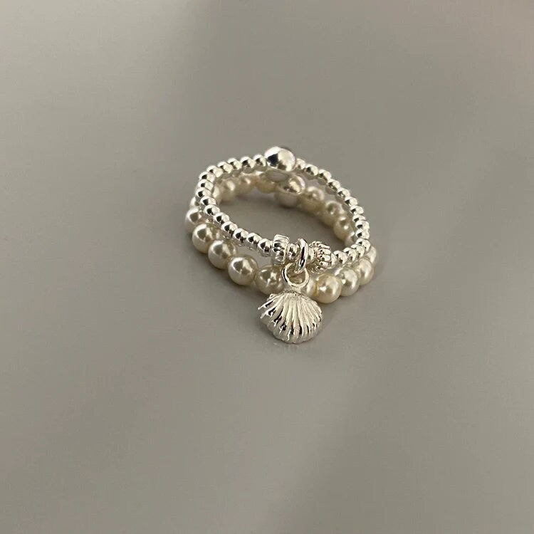 shell charm ring, sterling silver beaded ring, stackable ring, handmade jewellery, gifts for women, LITTLE SHELL-SR24