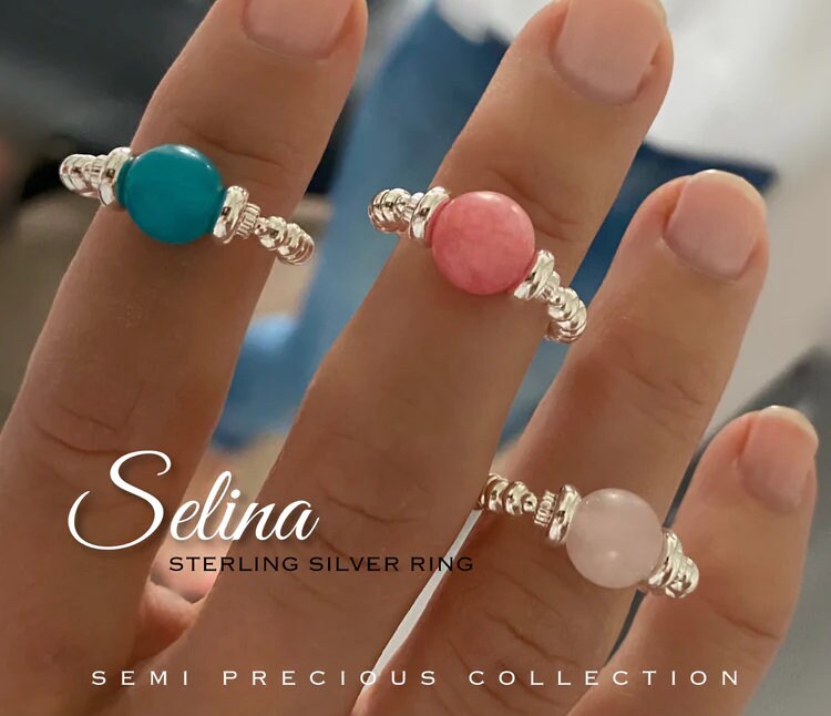 turquoise sterling silver ring, rose quartz ring, semi precious stone ring, statement ring, handmade jewellery, stretch ring, SELINA-SR78