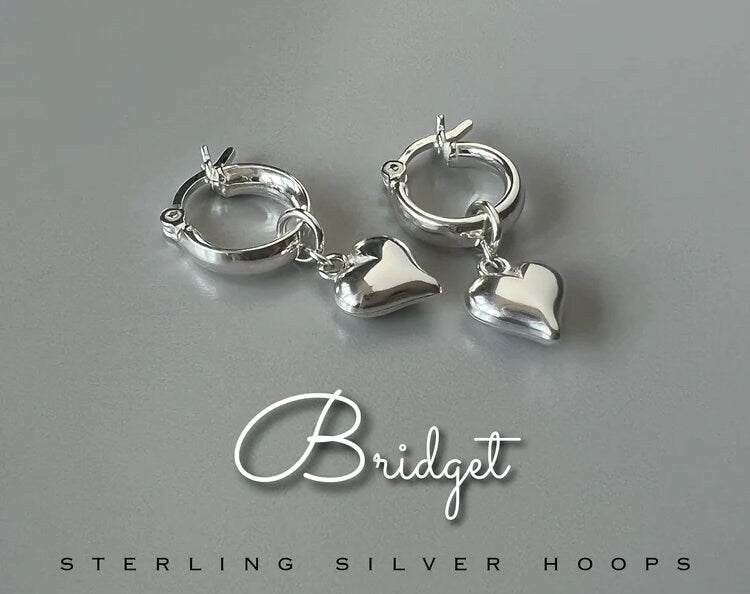 sterling silver hoops with heart charm, huggie hoops, minimalist jewellery, dangle earrings, gifts for her, earrings for women, BRIDGET SE4