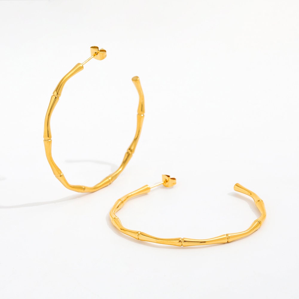 bamboo large hoop earrings, 18k gold plated waterproof jewellery, birthday gift, minimalist jewellery, gifts for women, GE01