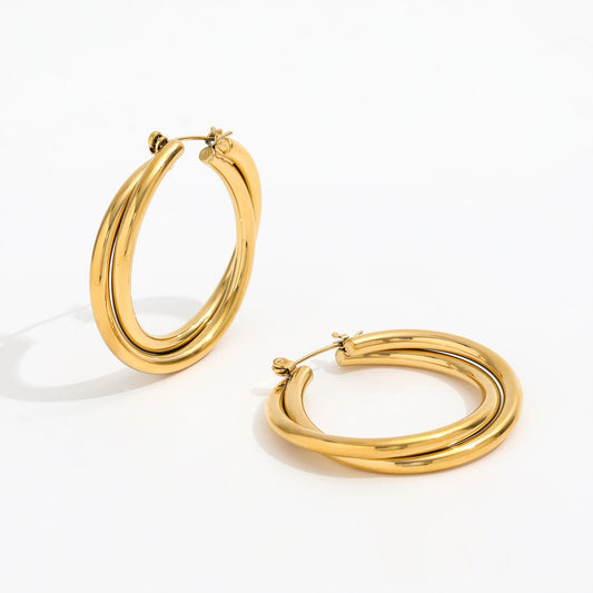 large hoop earrings, 18k gold plated waterproof jewellery, birthday gift, minimalist jewellery, gifts for women, double row twisted GE04