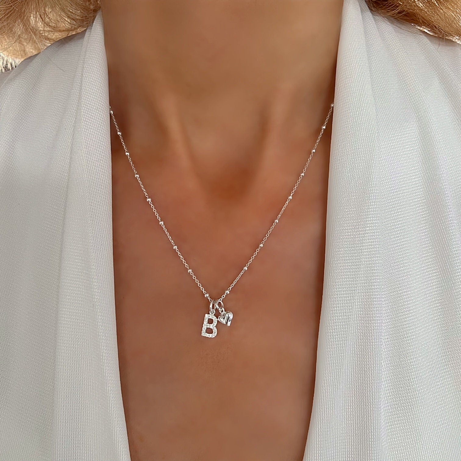 initial necklace with heart charm, satellite chain, letter necklace, monogram necklace, personalised jewellery, birthday gift, SNM01