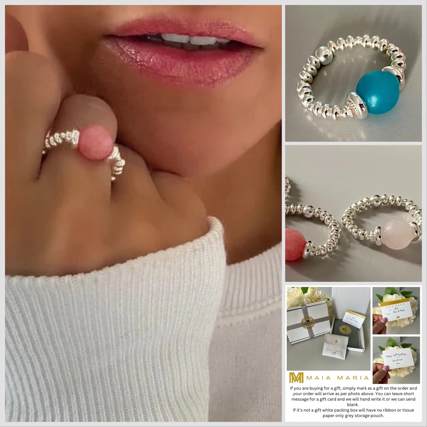 turquoise sterling silver ring, rose quartz ring, semi precious stone ring, statement ring, handmade jewellery, stretch ring, SELINA-SR78